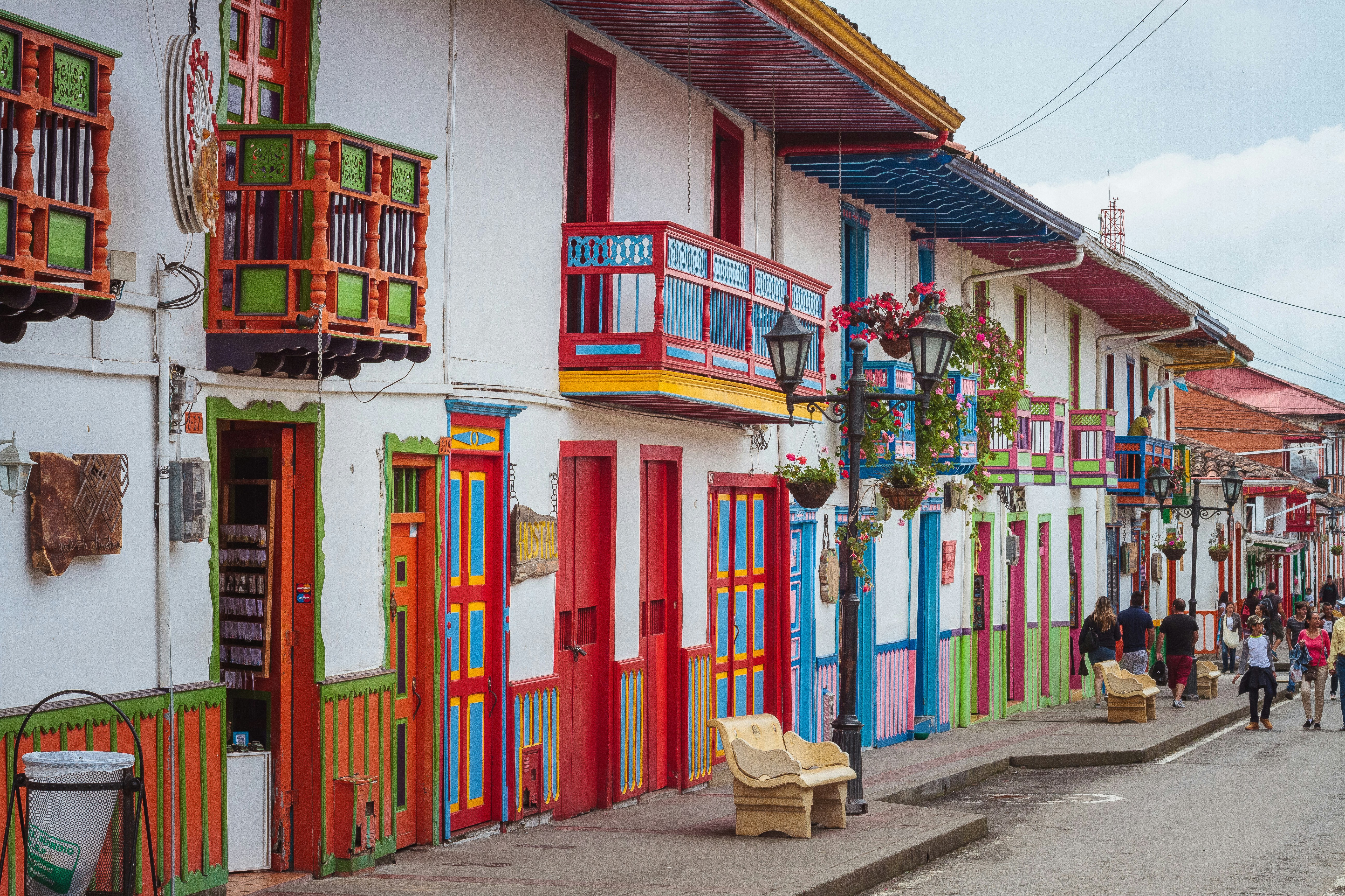Brightly painted colonial balconies and doors in Salento, Colombia's Coffee Triangle